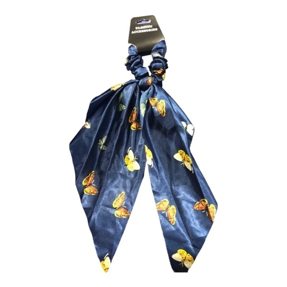 4 Butterfly print satin‎ look black, pink, blue ivory hair scrunchie scarves new